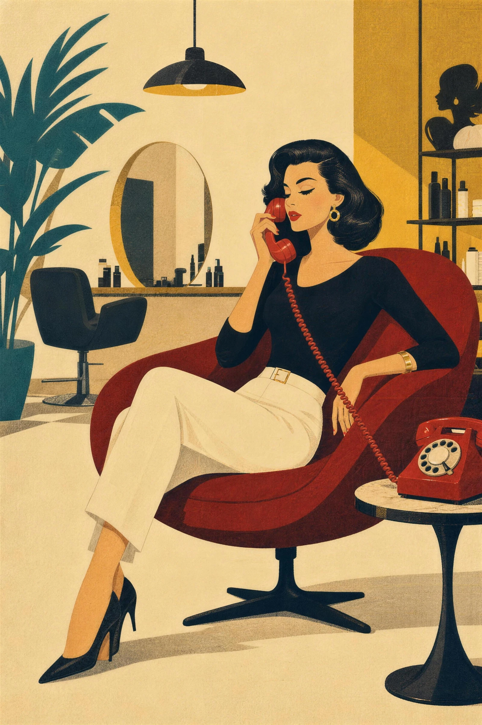 Jet Age illustration: Tilda, poised in a crimson egg chair, takes a call on a red rotary phone in a salon
